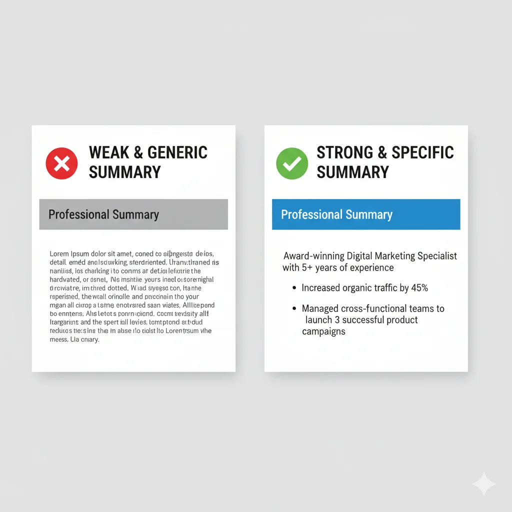 Weak vs strong professional summary comparison for career changers